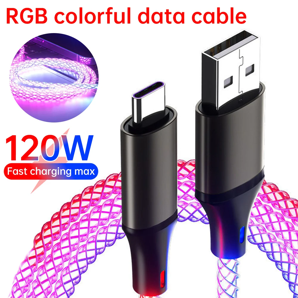 Fast Charging RGB Breathing Luminous Gradient Light Data Cable 66W TYPE-C Charger For iPhone 15 Pro Huawei Samsung Data Cable