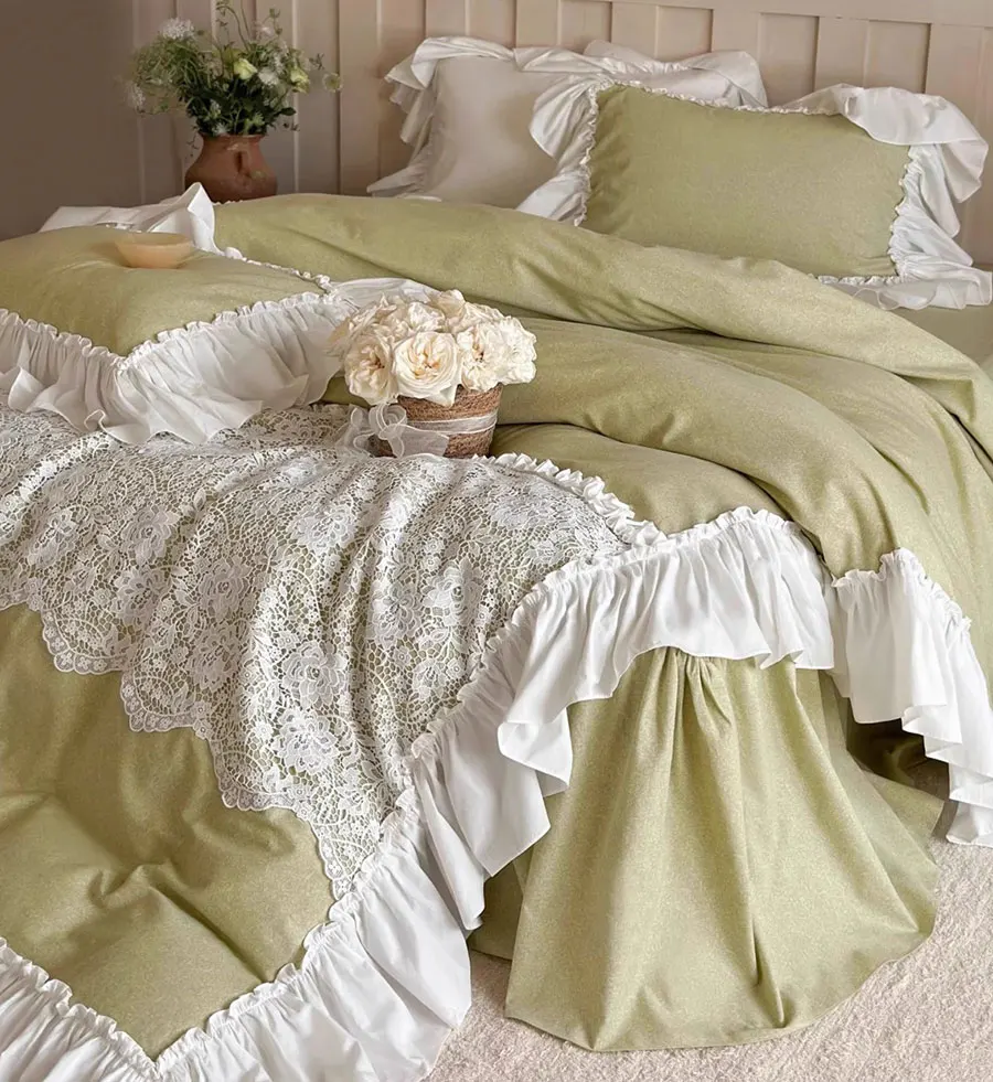 Princess fairyfair ruffle green bedding set,full queen king luxury lace cotton home textile bedspread pillow case duvet cover