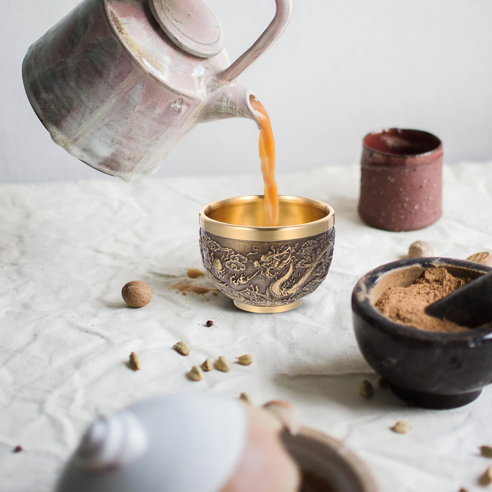 

2pcs Chinese Style Copper Tea Cup Retro Vintage Metal Drink Mug Reusable Pattern Tumbler For Home Office Decor Kitchen