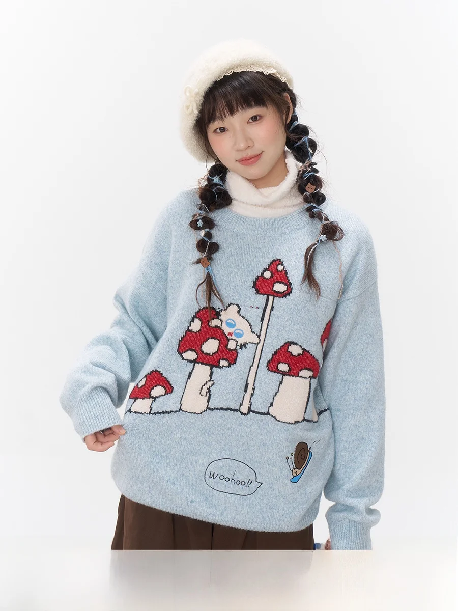 

adient Sea Fog Blue Woolen Sweater Embroidered Snail Musoom Pattern Long Sve Knitted Sweet Sle Loose Fit Fem