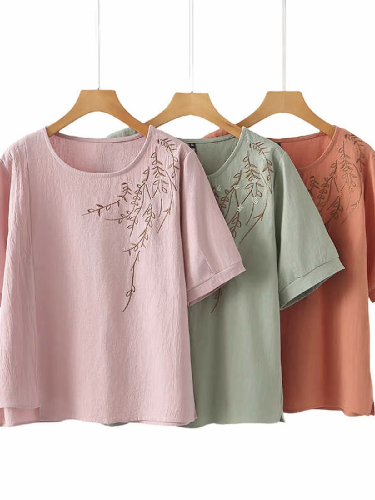 Elegant Mommy Style round Neck Short Sleeve T-Shirt Cotton Linen Embroidery Mid-aged And Elderly Size Large New Arrival Summe...