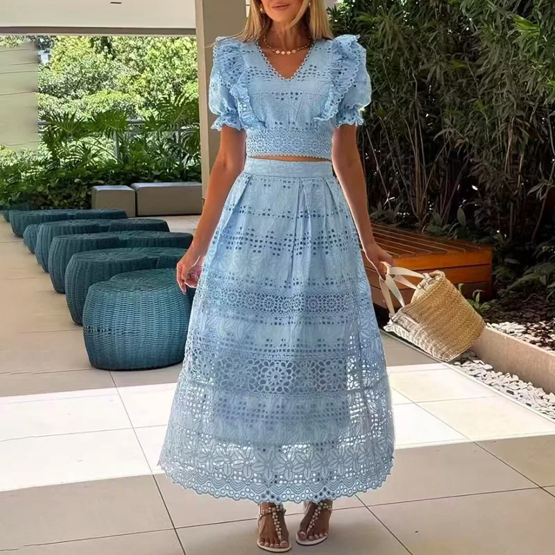 

French elegant high-end two-piece set Hollow waist top High waist skirt set Fashion simple luxury temperament Elegant high-end r