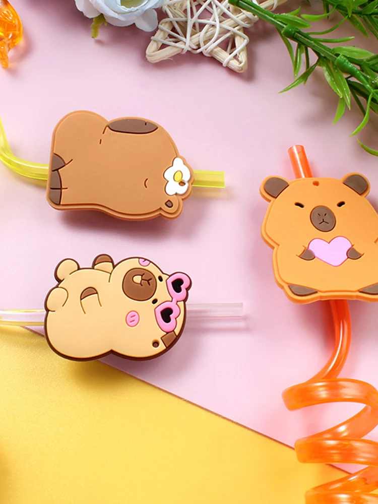12 stuks cartoon capibara herbruikbare spiraalrietjes, papyrus hagedis thema rietjes voor decoratie, voor feest, verjaardag voor drinkfeest - afbeelding 2