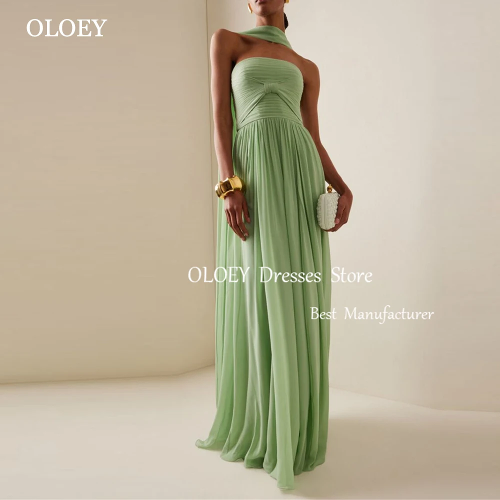 

OLOEY Strapless Green Evening Gown Pleats Chiffon Floor Length Formal Dress With Scarf Prom Party Maxi Dress Zip Back Customized