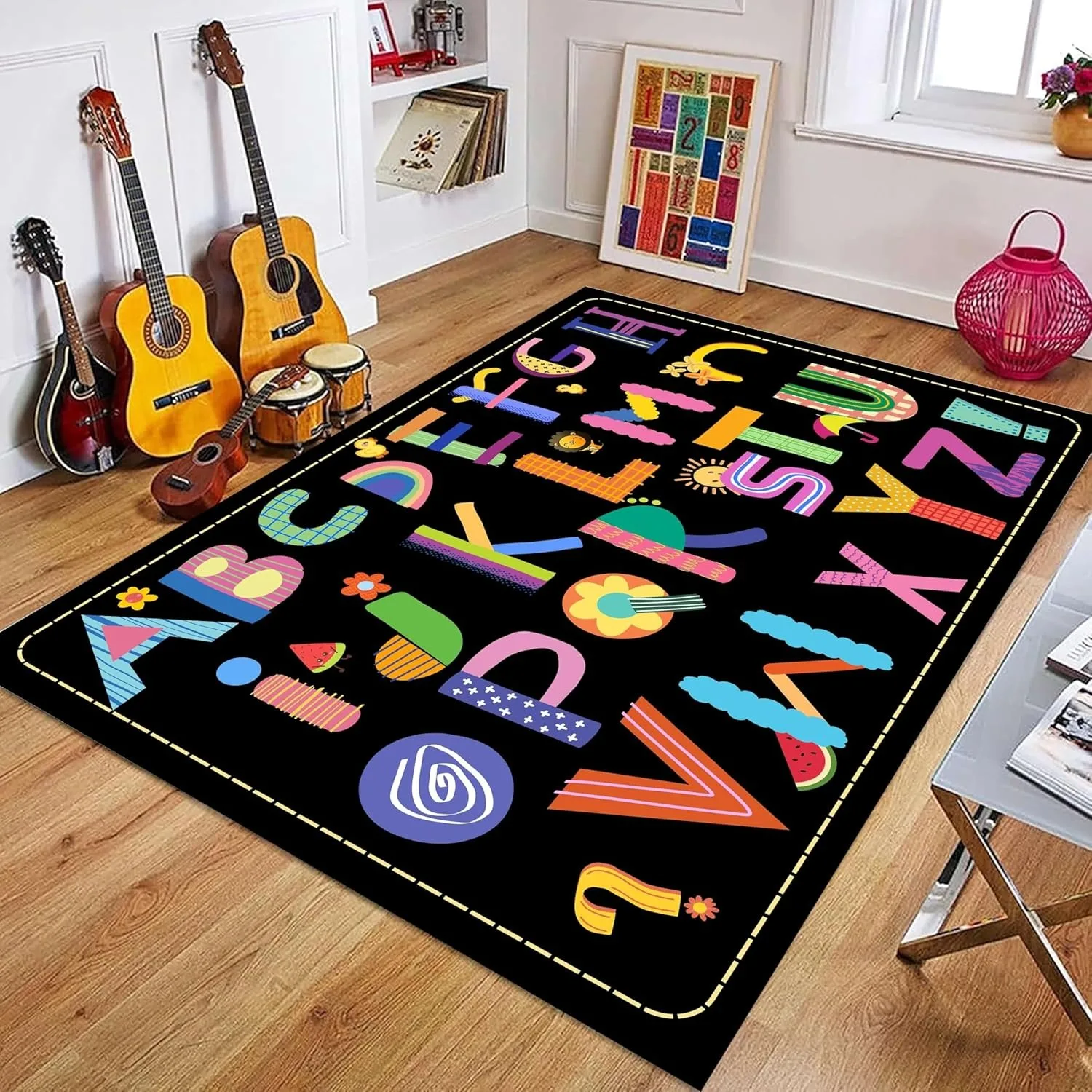 ABC Rug for Classroom Colorful Letter Animal Children's Learning Rug Non-Slip Washable Carpet for Education Learning Area Rug