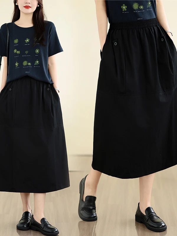

Black Bloom A-Line Midi Workwear Skirt High Waist Slimming Half-length Korean Style Commute Loose Fit Summer Casual