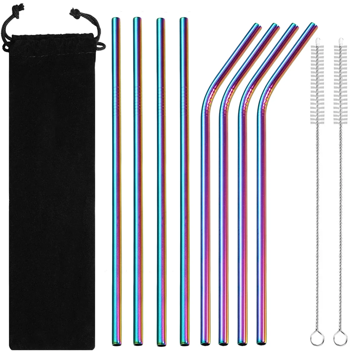 11Pcs Stainless Steel Straw Set Straight Curved Drinking Str