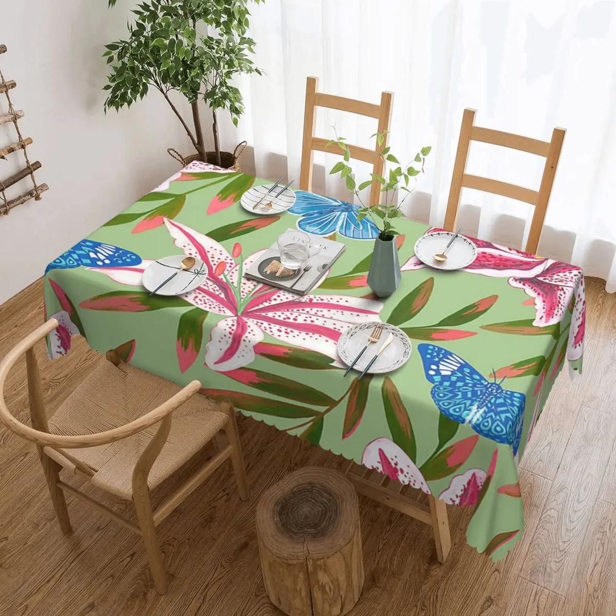 Dizzy Oriental Lily Floral Pattern Custom Rectangular Waterproof Oilproof Tablecloth Table Cover for Dining Events Table Cloth
