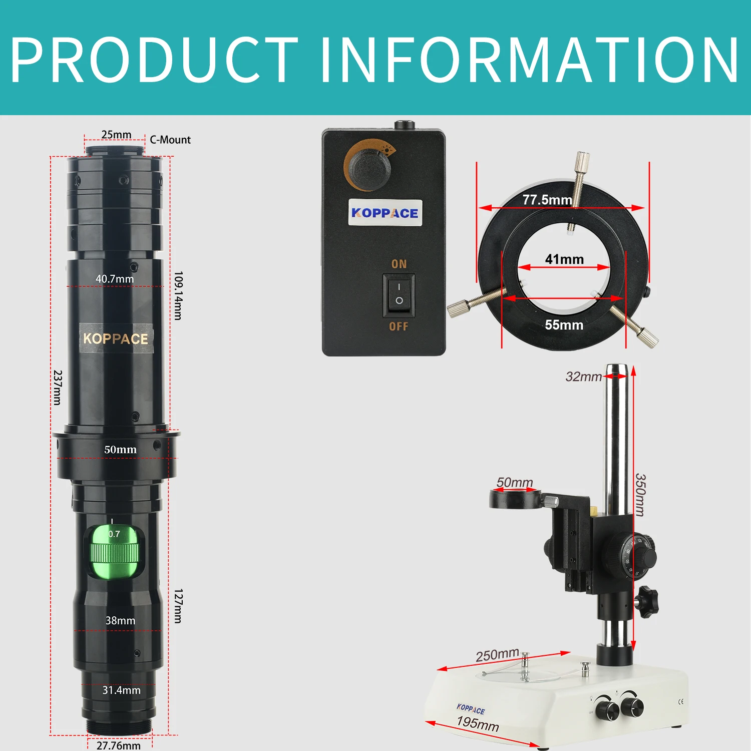 KOPPACE 54X-348X 4K HD Measurement Electron Microscope Continuous Zoom Lens Up and Down LED Light Source