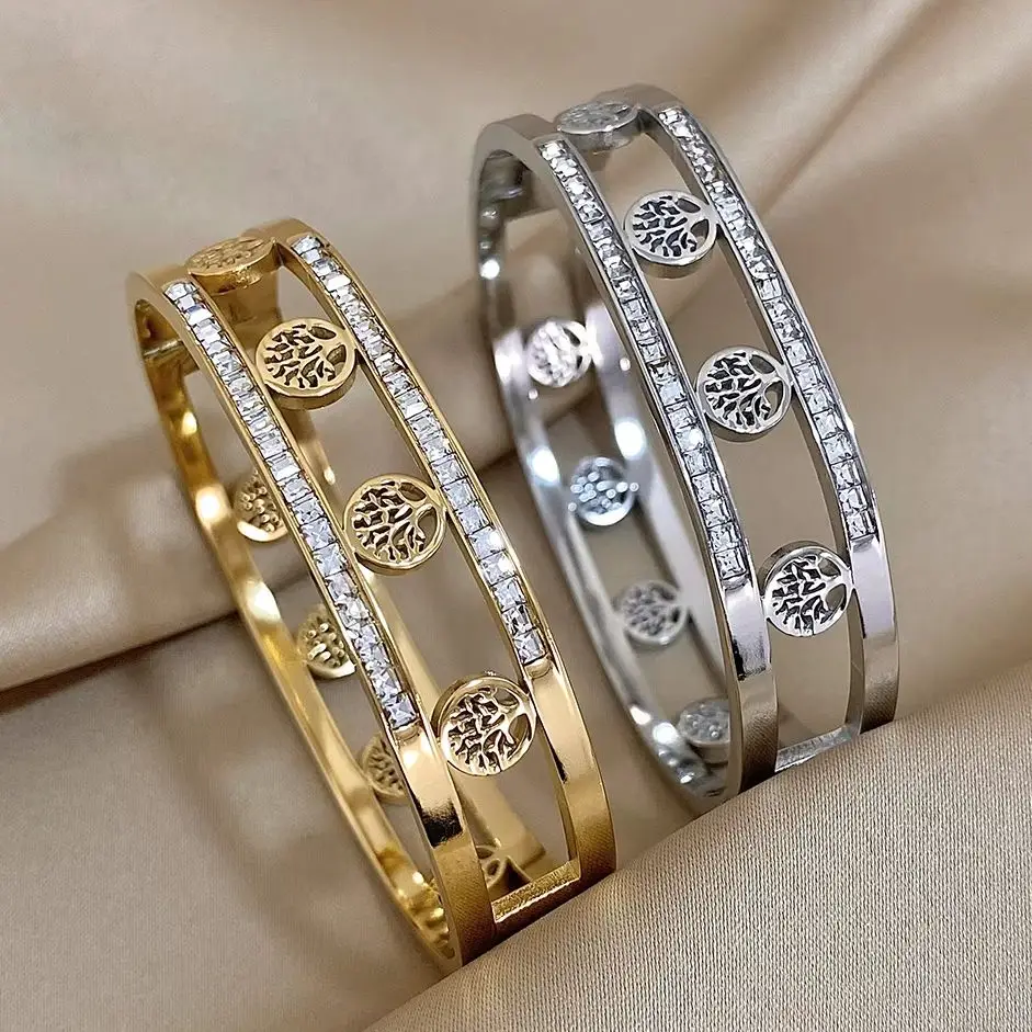 

Classic Hollow Tree Of Life Stainless Steel Bracelet Bangle With Zircon for Women Double Layer Waterproof Cuff Jewelry Gifts
