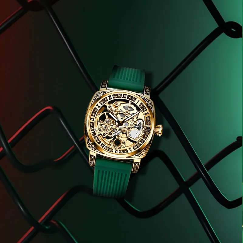 

Мужские повседневные механические часы с зеленой лентой и светящимися древними римскими цифрами