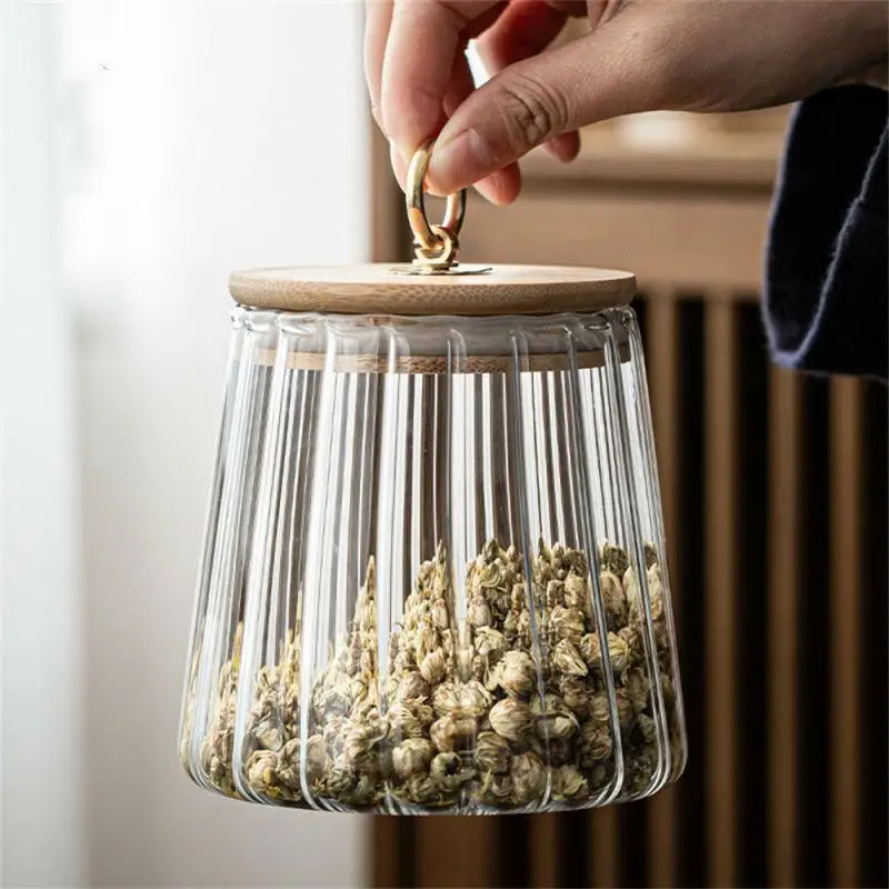 Food Container Kitchen Storage Bottles Jar Glass Airtight Canister Grains Tea Coffee Beans Grains Candy Jars Wood Lid Containers