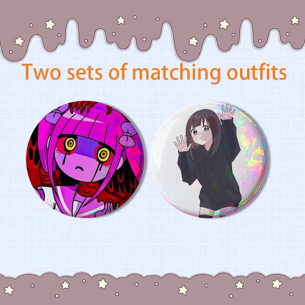 Pink twin ponytails Menhera chan 2 piece set Badges On Backpack Jacket Cartoon Round Brooches Acrylic Button Pins Collection