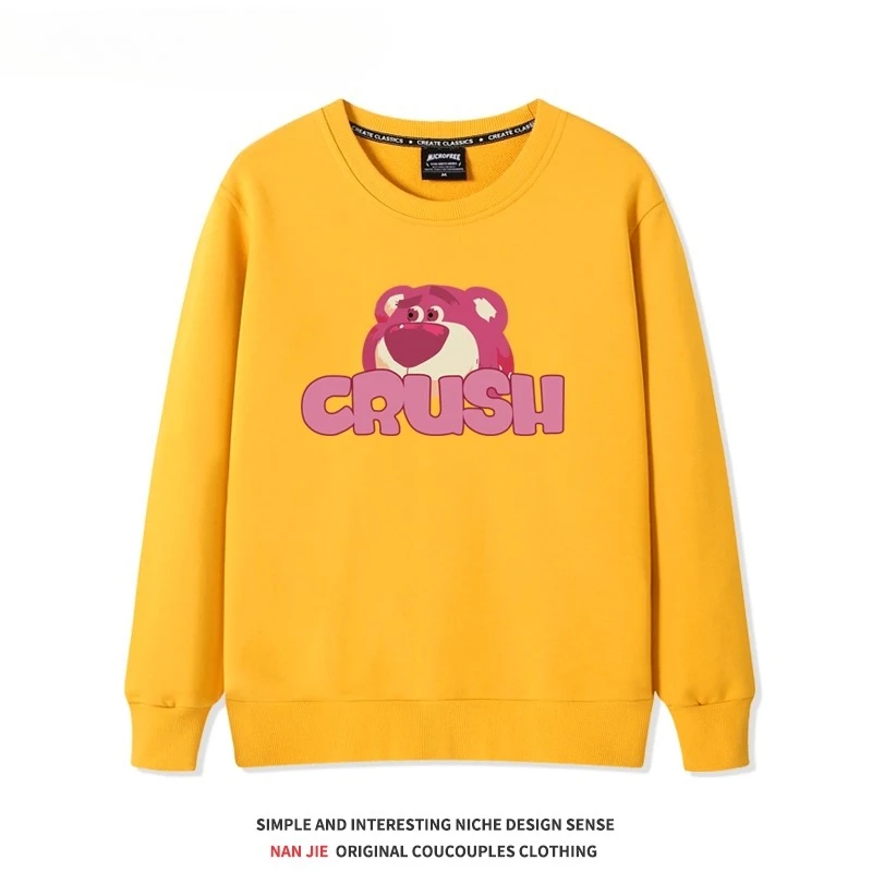 Otoño e Invierno de alta calidad con estampado de oso de fresa suéter de cuello redondo lindo para mujer 2025 nueva pareja suelta deportes Top ropa escolar
