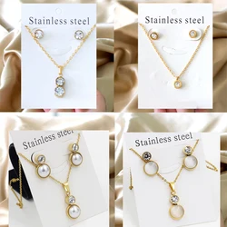Simple серьги Cubic Zirconia Pendant Necklace earrings Set Korean Style Stainless Steel Jewelry Set for Women Wedding Wholesale