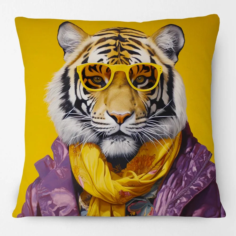 European Tiger with Glasses Lion Zebra Dog Fashion Animals Portrait Painting Cushion Cover Modern Pillowcase
