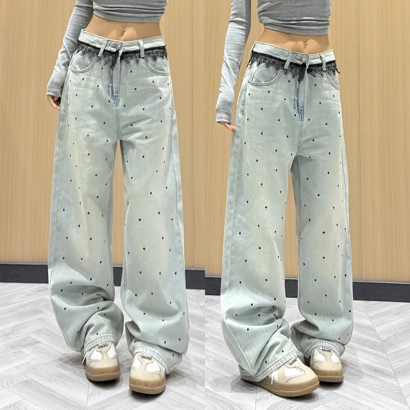 Blue Lace-embroidered Denim High-waisted Slimming Pants with Glittering Sequins and Wide-leg Designwomen blue jeans for women