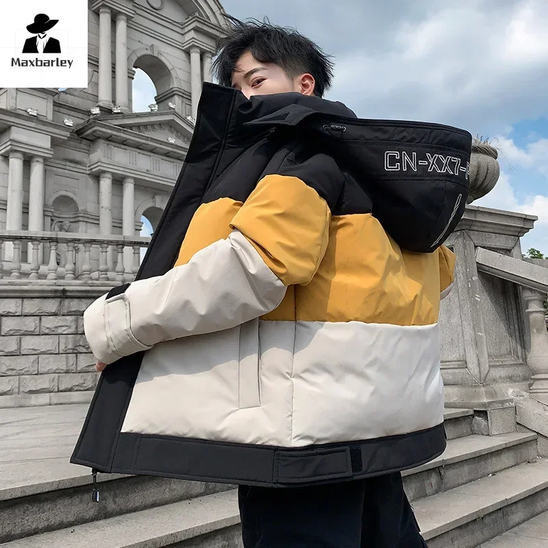 2024 New Winter Jacket Men's Trendy Casual Color-blocked Thickened Warm Hooded Parka Korean Style Street Windproof Padded Coat