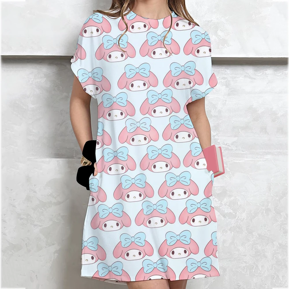 2025 New Korean-style Plus-size Hello Kitty print T-shirt Women's Summer Loose-fit Belly Covering Student Dress ﻿