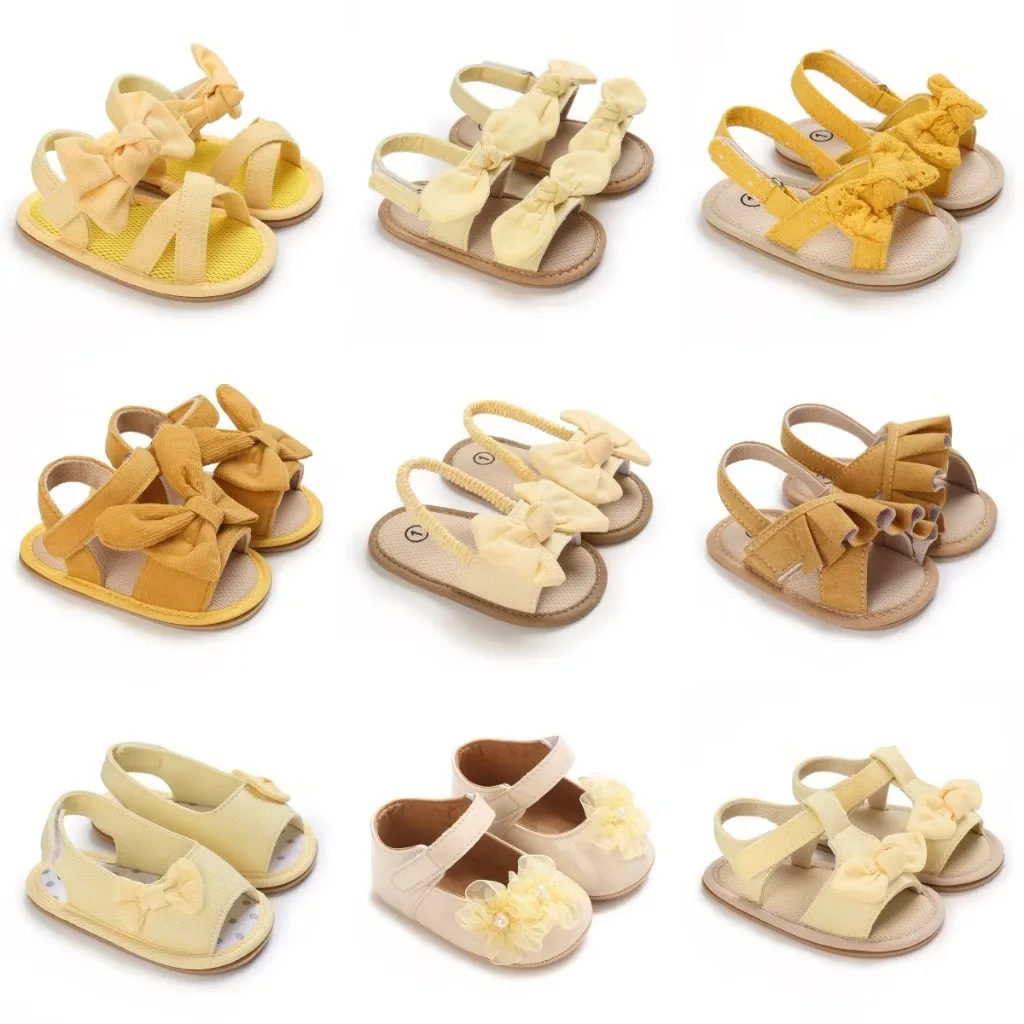 

Весенне-осенние желтые сандалии в деревенском стиле для малышей 0-12 месяцев, мягкая подошва, нескользящие кроссовки