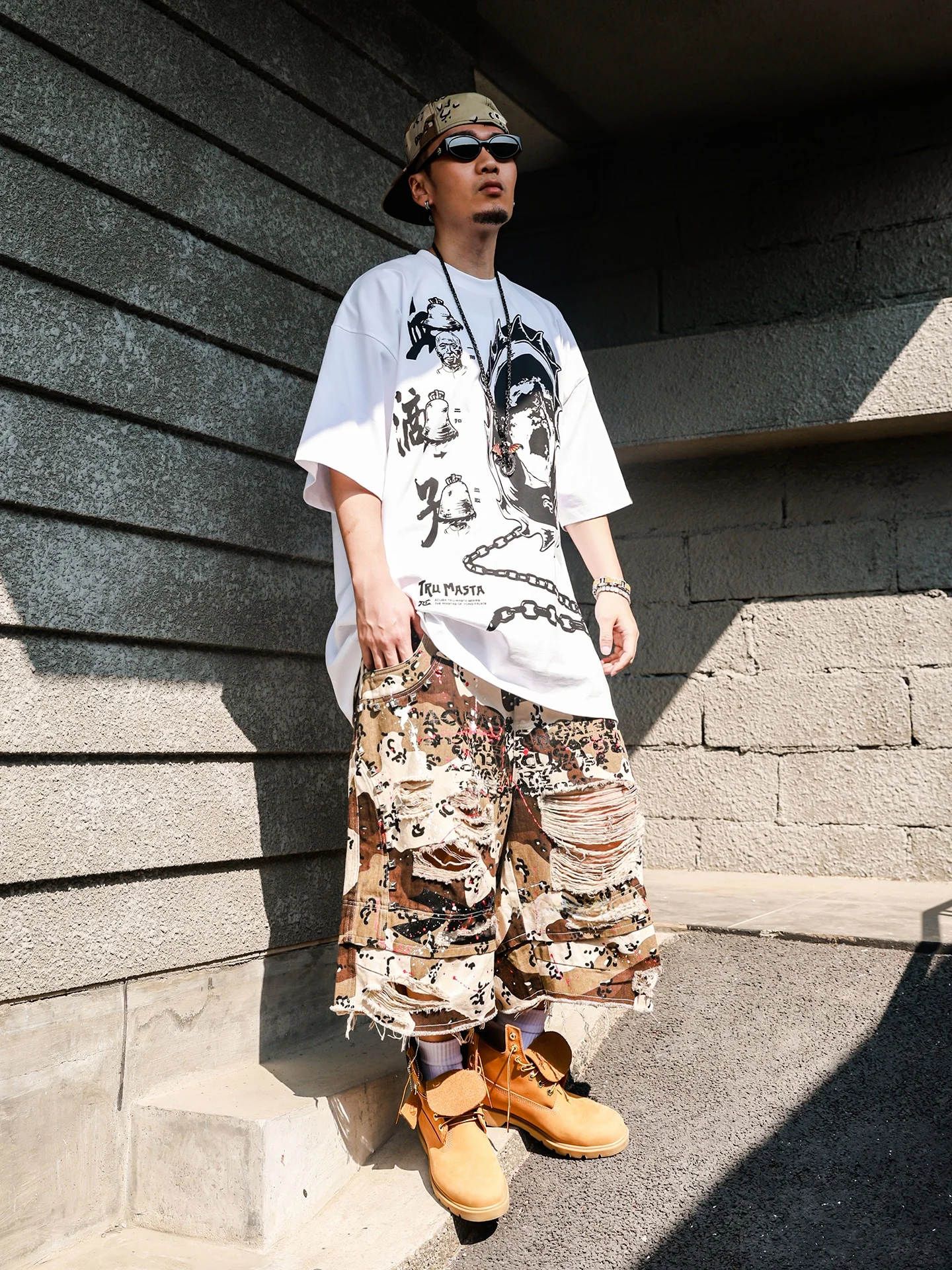 Desert Camouflage Workwear Style Short Pants Rivet Splicing Destruction Wash Men's Six-Part Pants Summer Casual Cotton Jeans
