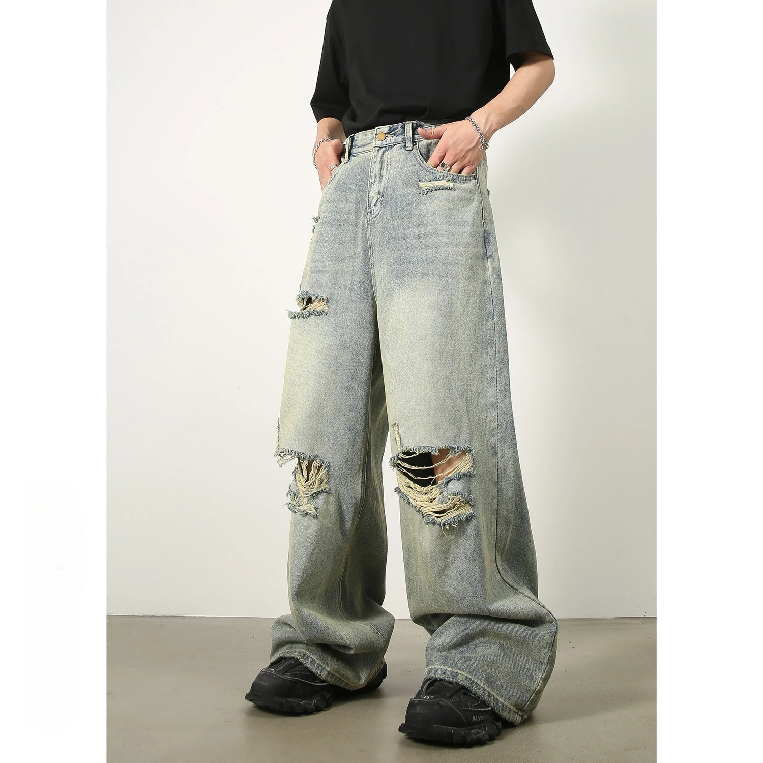 

Korean Style New Fashion Men's Loose Wide Leg Hole Patched Casual Simple Denim Trousers Male Washed Vintage Jeans Pants Clothes