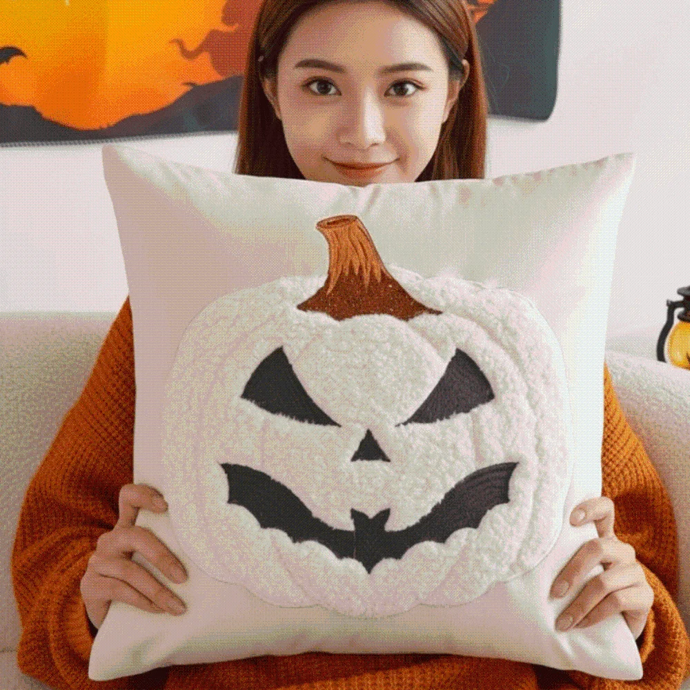Soft Plush Pumpkin Pillow Case Square Shape Cute Embroidery Embroidered Pillowcase Hidden Zipper Orange Ghost Cushion Shell