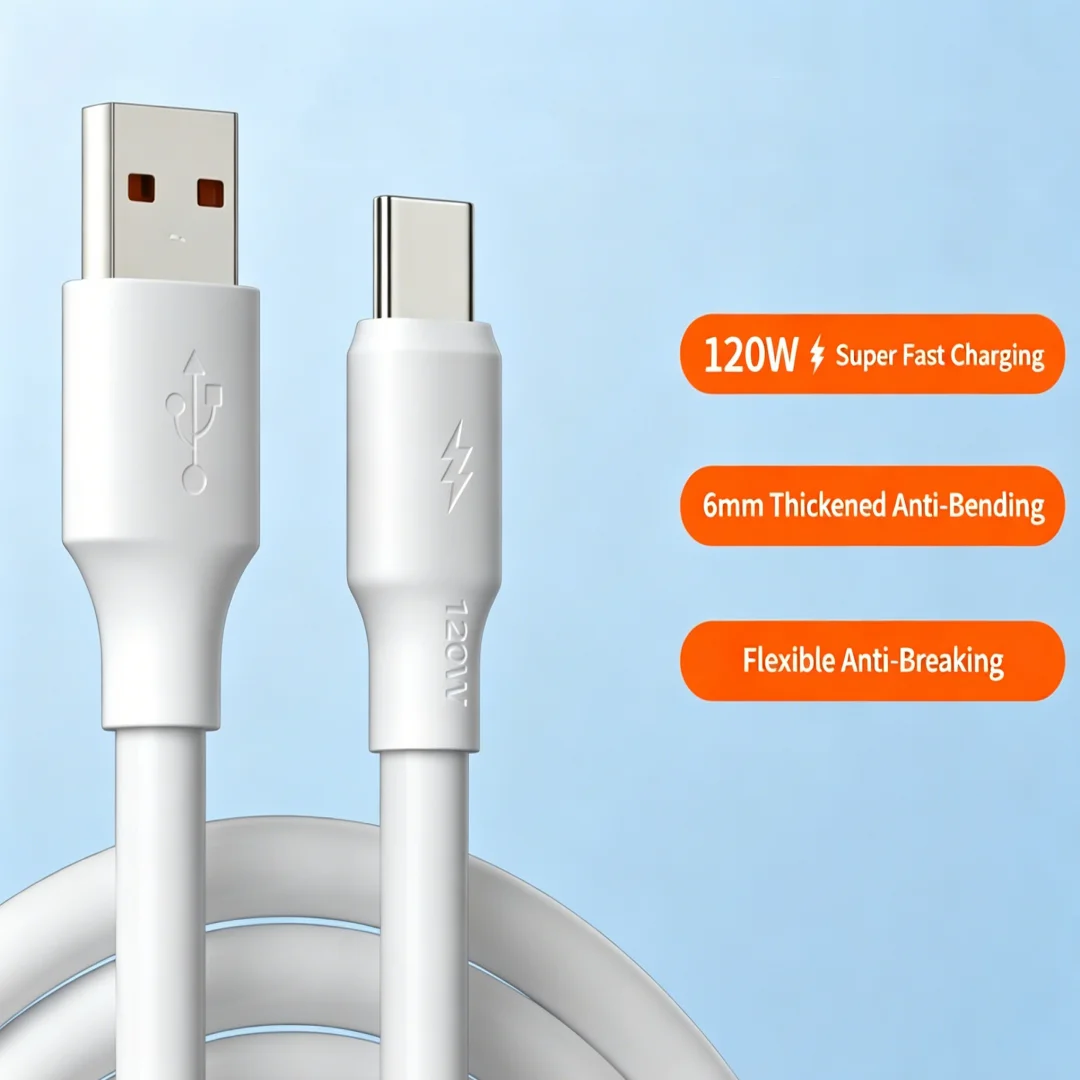 120W USB A to Type C Charging Cable 1M 1.5M 2M Optional Anti-Bending Flexible Anti-Breaking Stable Data Transfer Cord，0.3m Cable