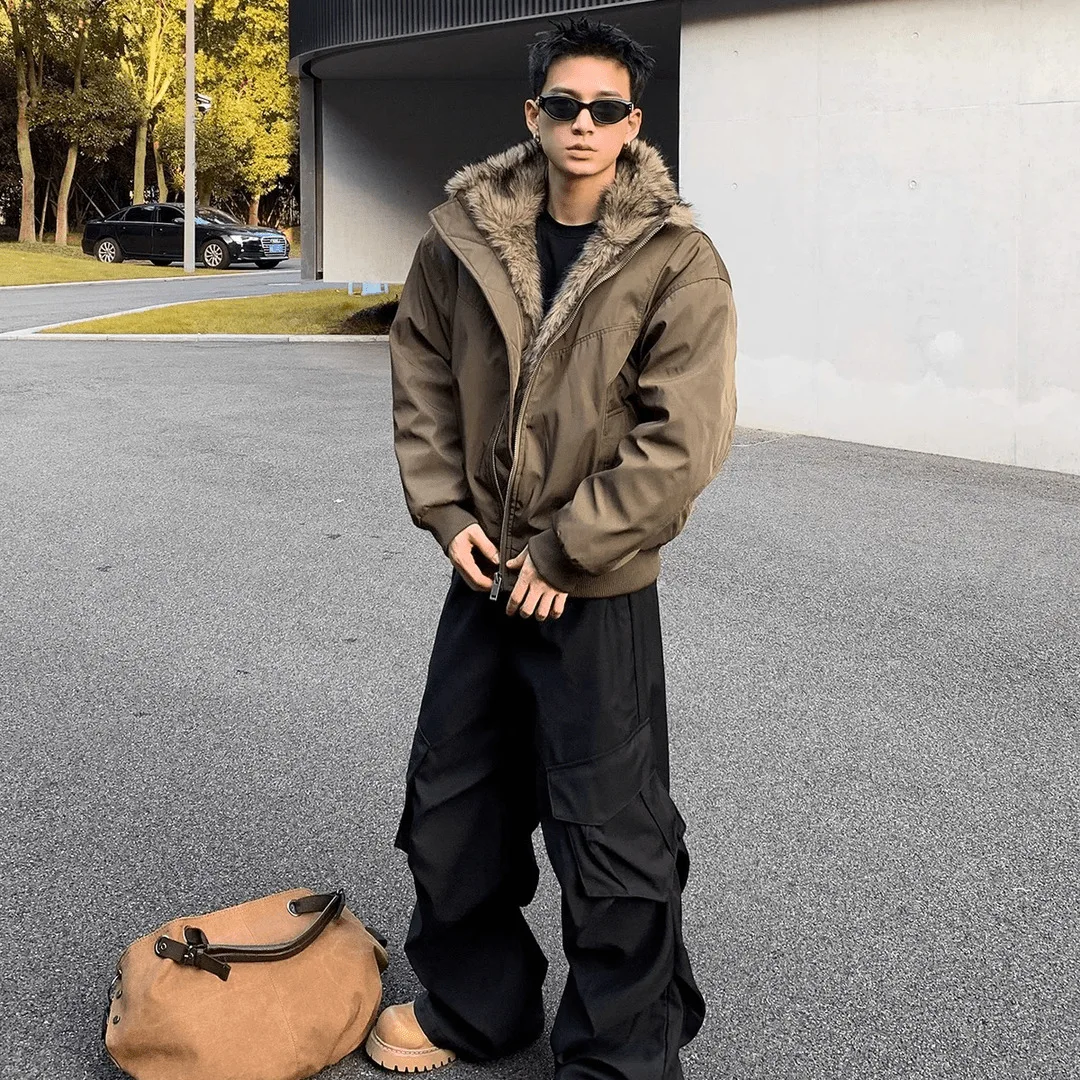 

Winter Thick Jacket American Retro Woolen Fur Collar Hooded Cotton Plush Top Men Street Hip-Hop Gothic Harajuku Oversize Parkas