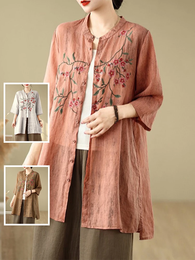 

Хлопково-льняной материал с вышивкой в стиле ретро, тонкий повседневный воротник средней длины, большой размер, женский плюс размер, семипозиционный воротник-стойка на пуговицах, открытый...