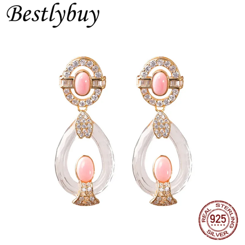 

Серьги в форме капли с натуральным белым кристаллом, стерлинговое серебро 925 пробы, позолоченные розовые серьги в форме ракушки, легкие роскошные французские подвесные серьги