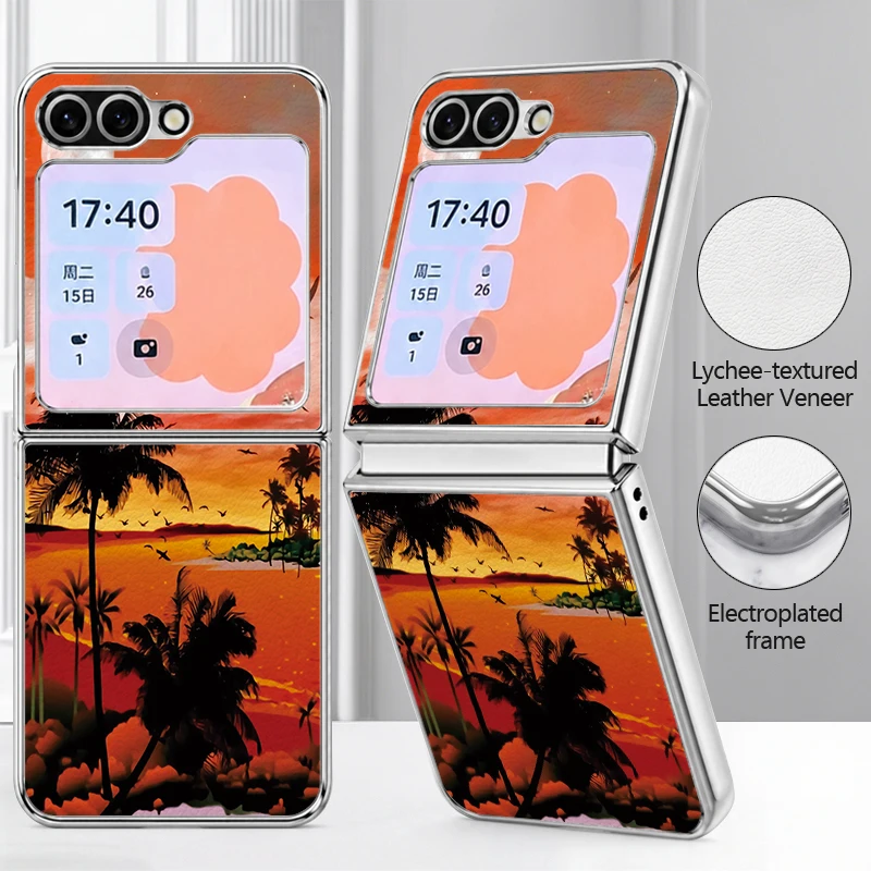 Coconut Tree Print PU Leather Phone Case For Samsung Galaxy Z Flip7 FE Flip6 Flip 7 6 5 5G Silver Plating Frame Hard Back Cover