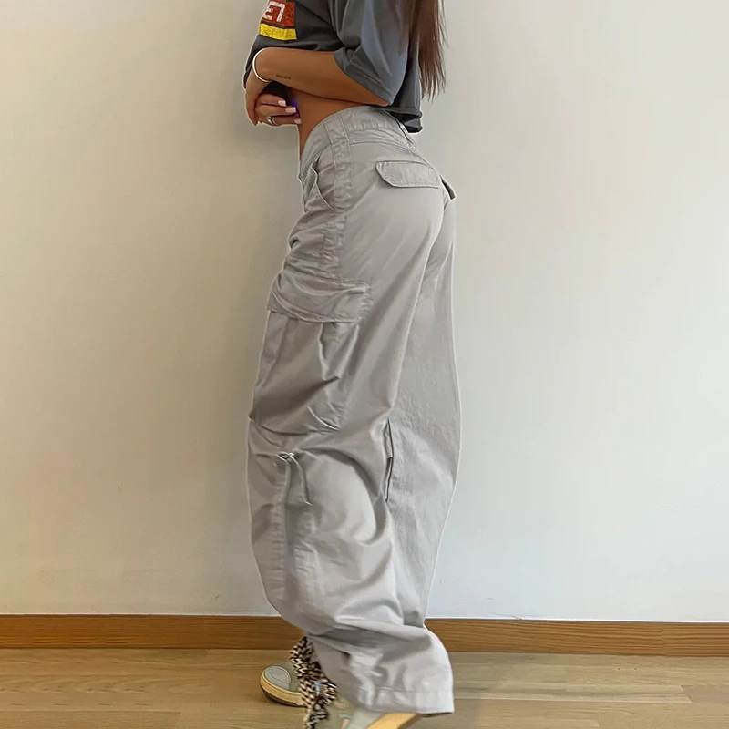 HEYounGIRL Street Women Pocket Cargo Pants American Retro Low Waist Hip Hop Sweatpants Fashion Grunge Folds Y2K Loose Trousers