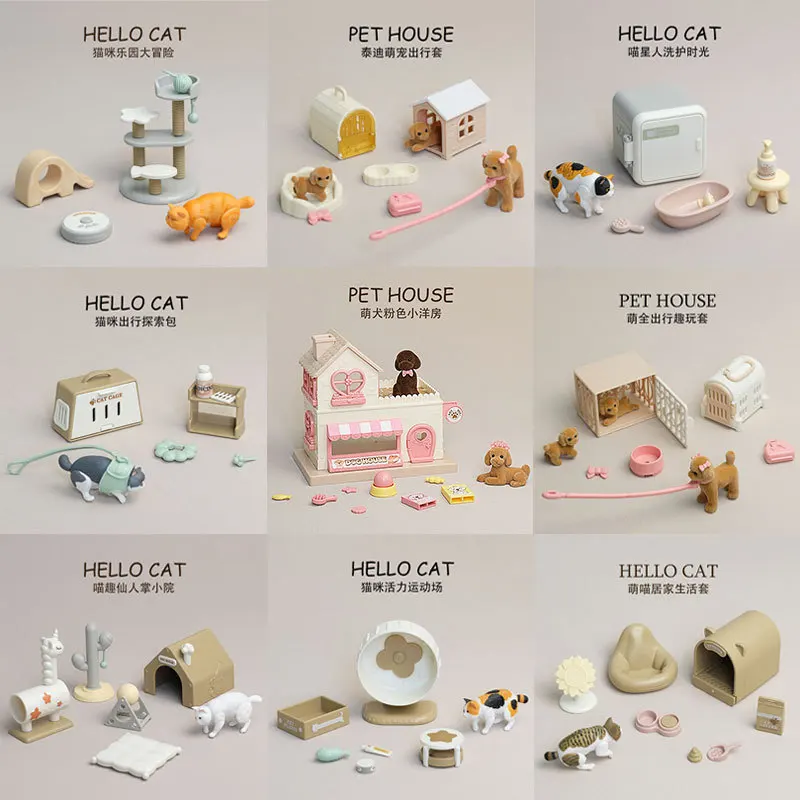 1:12 Scale Miniature Pet Cat Dog Furniture Set, Cute Cat Climbing Frame & Dog House Model, Creative Diorama Scene Decor