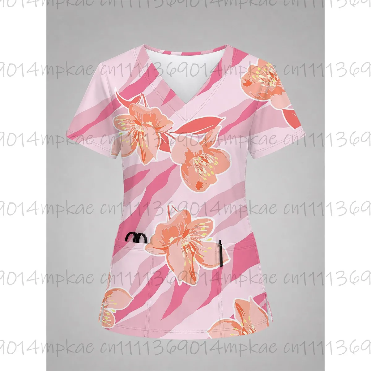Women's Work Clothing Floral Print Nurse V-Neck Pocket Frosted Top Women's Medical Nursing Gown Accessories Uniform view 2