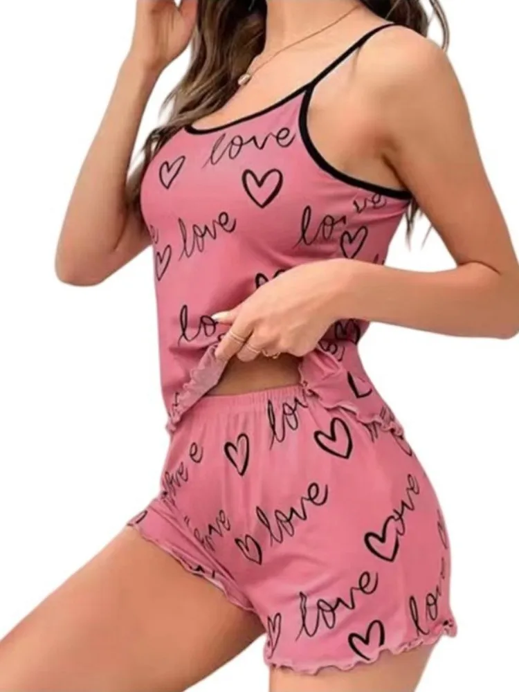 Summer  Pajamas Set Women Sleepwear Cute Love Printed 2-Pieces Sexy Lingerie Home Wear Tops and Shorts Sets Pijamas