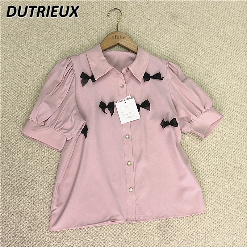 

Japanese Original New Bow Short Sleeve Shirt Top Solid Color Mine Series Sweet Pink Blouse Lolita Student Girl Camisa Feminina