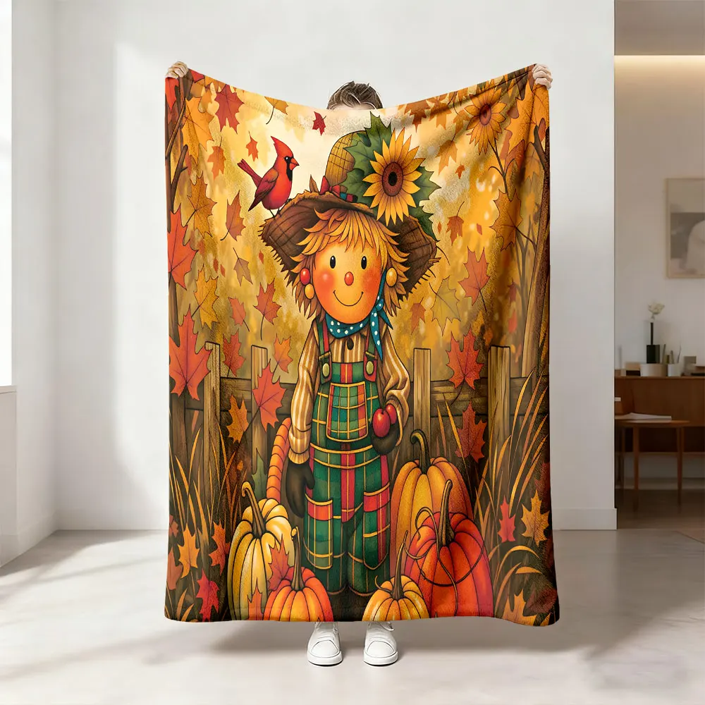 Couverture imprimée avec motif de feuilles d'érable et de citrouille, couverture en flanelle, couverture de sieste pour canapé, pour les loisirs et la relaxation, 1 pièce