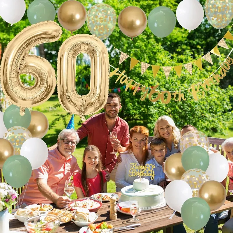 Salbei grün Gold weiß 60. Geburtstag Dekorationen für Geburtstag Luftballons alles Gute zum 60. Geburtstag Banner Kuchen Topper 60 Jahre altes Dekor – Detail 5