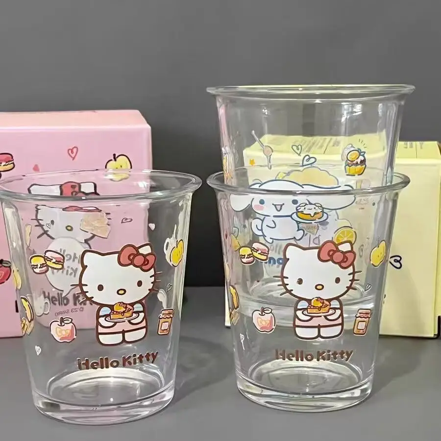 Kawaii Hello Kitty Glass Cup Sanrio Cinnamoroll Melody Glass Cup Cute Girl Juice Cup Cute Cartoon Kitchen Breakfast Water Cups