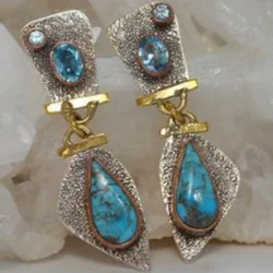 Vintage Blue Rhinestone Green Stone Earrings Tribal Jewelry Dual Color Metal Drop Dangle Earrings for Women Party