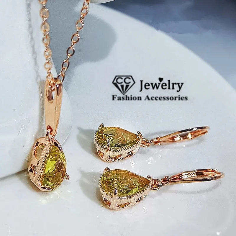 CC Dangle Earrings Set Yellow Cubic Zircon Water Drop Earring and Pendant Necklace Sets Fine Jewelry Party Accessories CCE624