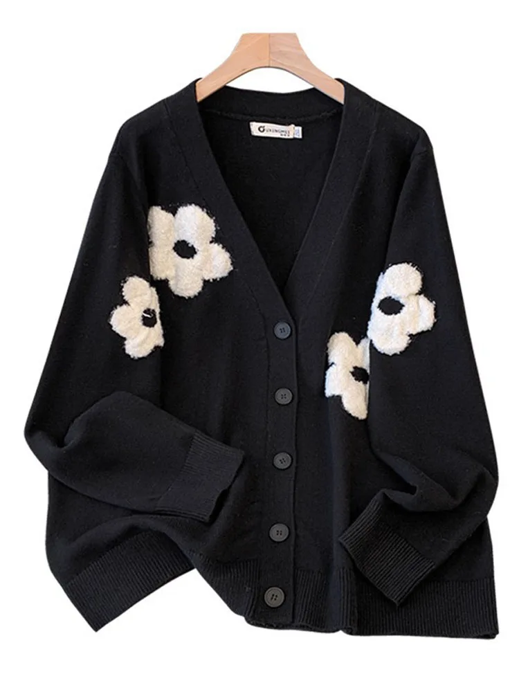 150Kg Plus Size Women\'s Bust 150 Autumn Winter Loose Contrasting Black And White Floral V-Neck Knit Cardigan 5XL 6XL 7XL 8XL 9XL