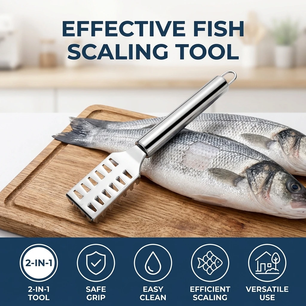 Stainless Steel 2-In-1 Fish Scaler And Knife For Home Kitchen Use With Ergonomic Handle