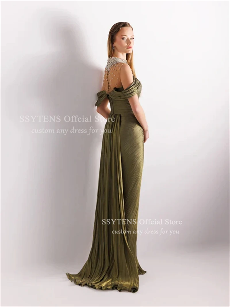 SSYTENS Mermaid Arab Shiny Satin Prom Dresses High Neck Pearls Evening Party Gown Dubai Split Dress robes de soirée Customized