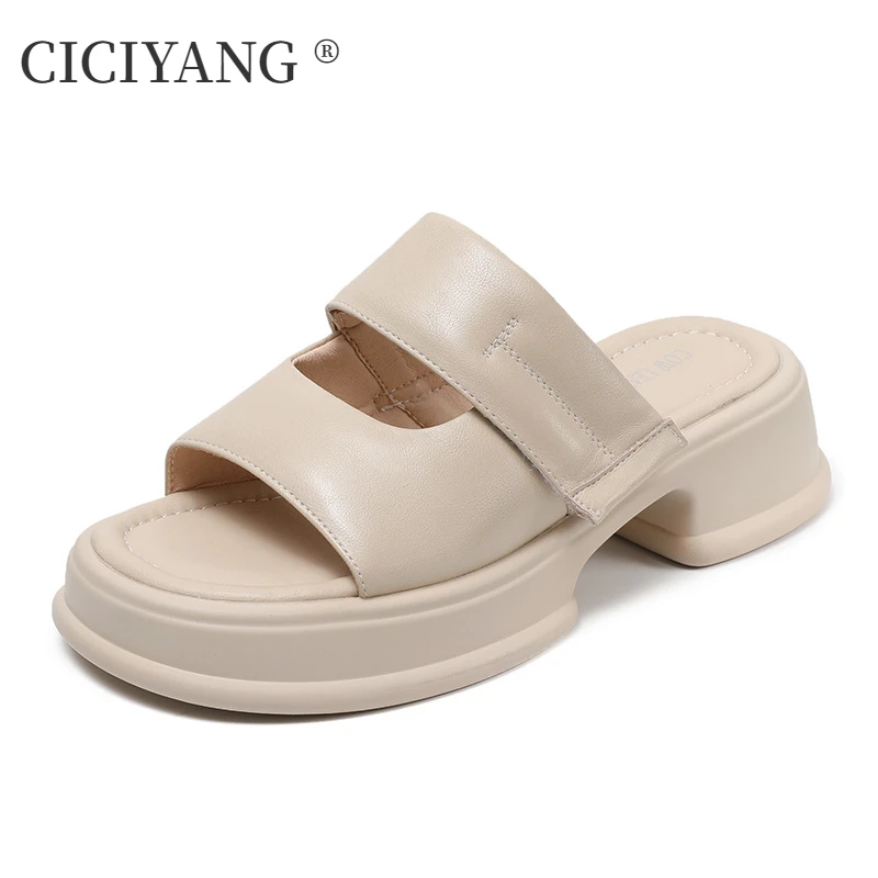 

CICIYANG Open Toe Slippers Female First Layer of Cowhide 2024 Summer New Thick Soled Outdoor Slippers Woman Fashion Sandals