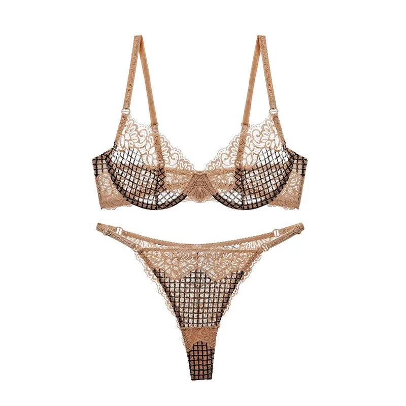 Popular Plaid Pattern Lace Brassiere Set Soft Underwire Push‑Up Underarm Fat Trimming Ultra Thin Cup Skin‑Friendly Underwear