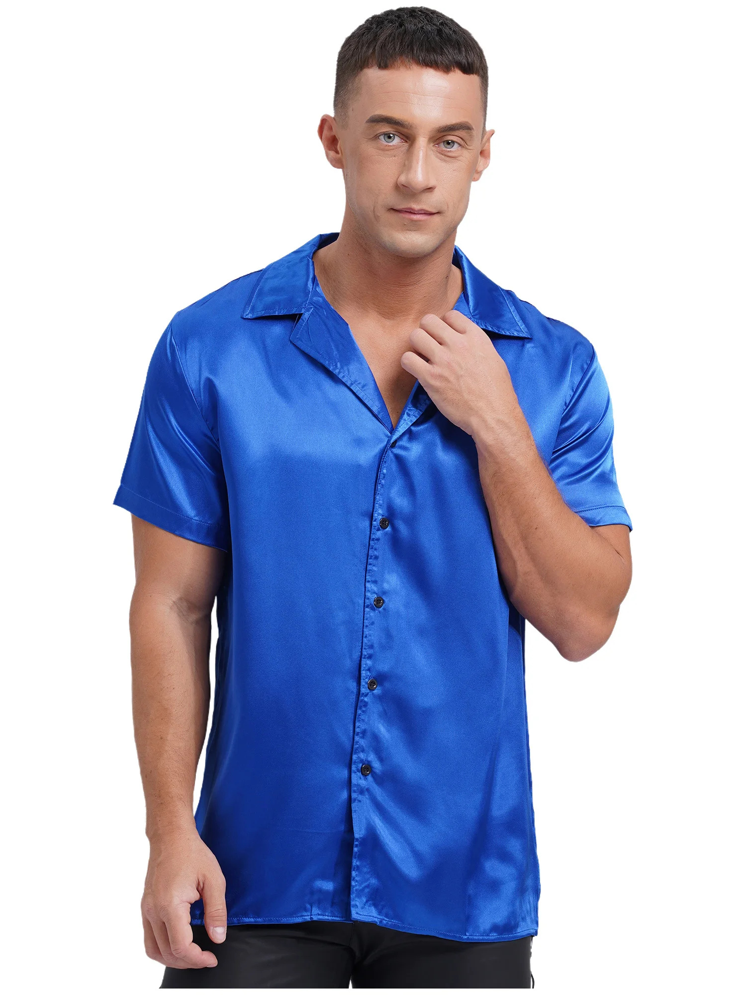 Mens Satin Shirt 2024 Notched Lapel Short Sleeve Shirt Loose Solid Color Tee Top for Casual Office Work Chemise Homme Daily Wear