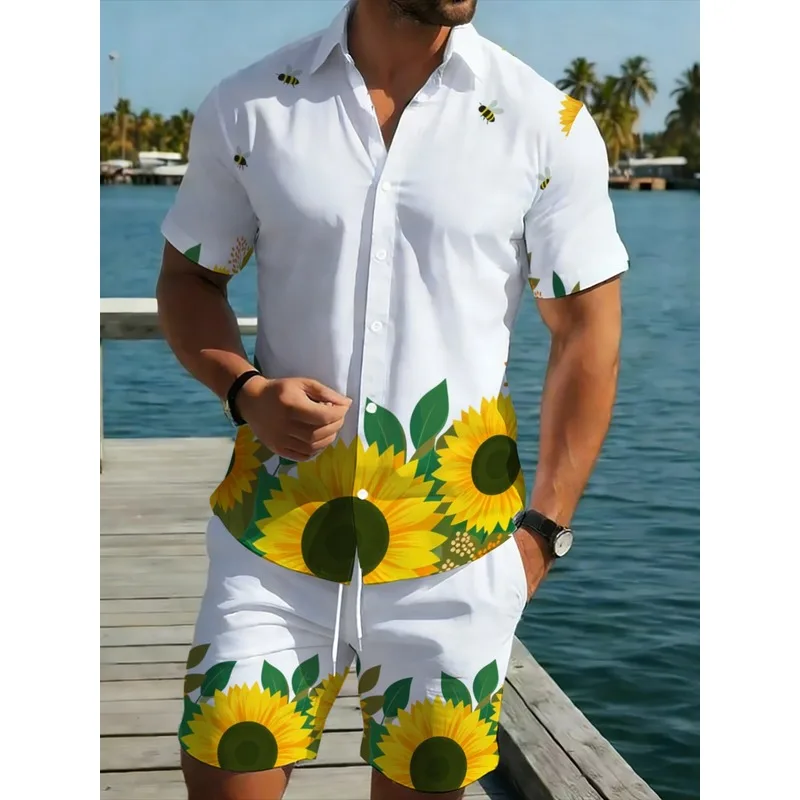 Conjunto de Camisa y Pantalones Cortos con Estampado de Girasoles para Hombre, Traje de Playa Ligero de Poliéster para Verano, Patrón Floral Blanco y Amarillo, Cómodo y Transpirable