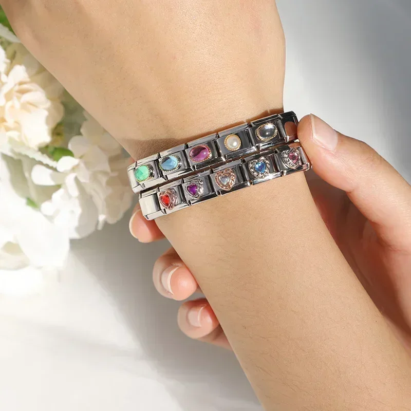 Hapiship Original Daisy Fashion Heart Ellipse Color CZ Italian Charm Links Fit 9mm Bracelet Stainless Steel Jewelry Making DJ374 image 3